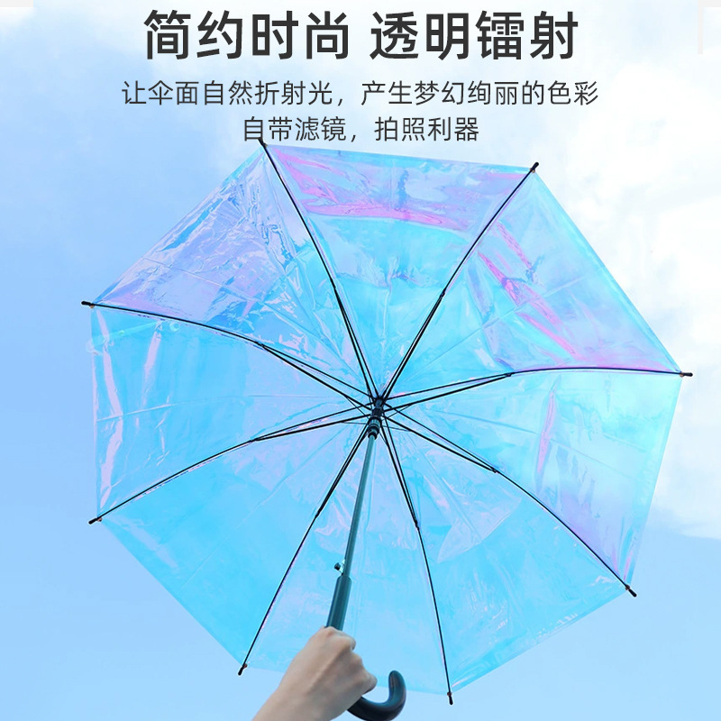 厂家批发创意森系晴雨伞镭射加固透明炫彩直杆伞个性拍照打卡道具|undefined