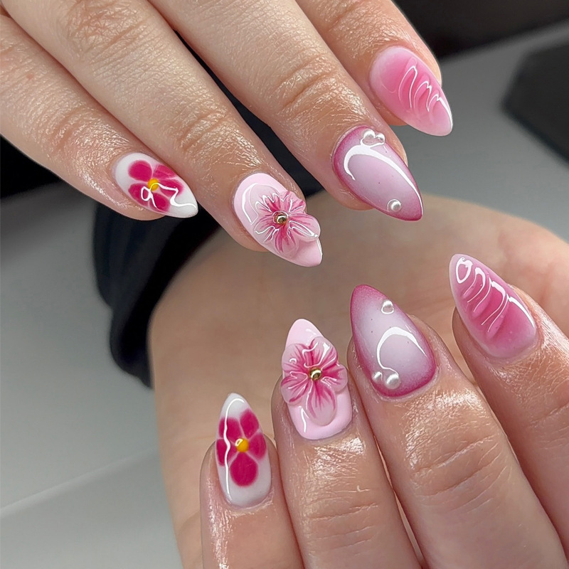 french style nail stickers simple detachable nail three-dimensional flower wear nail blooming nail sticker fake nails 24 pieces