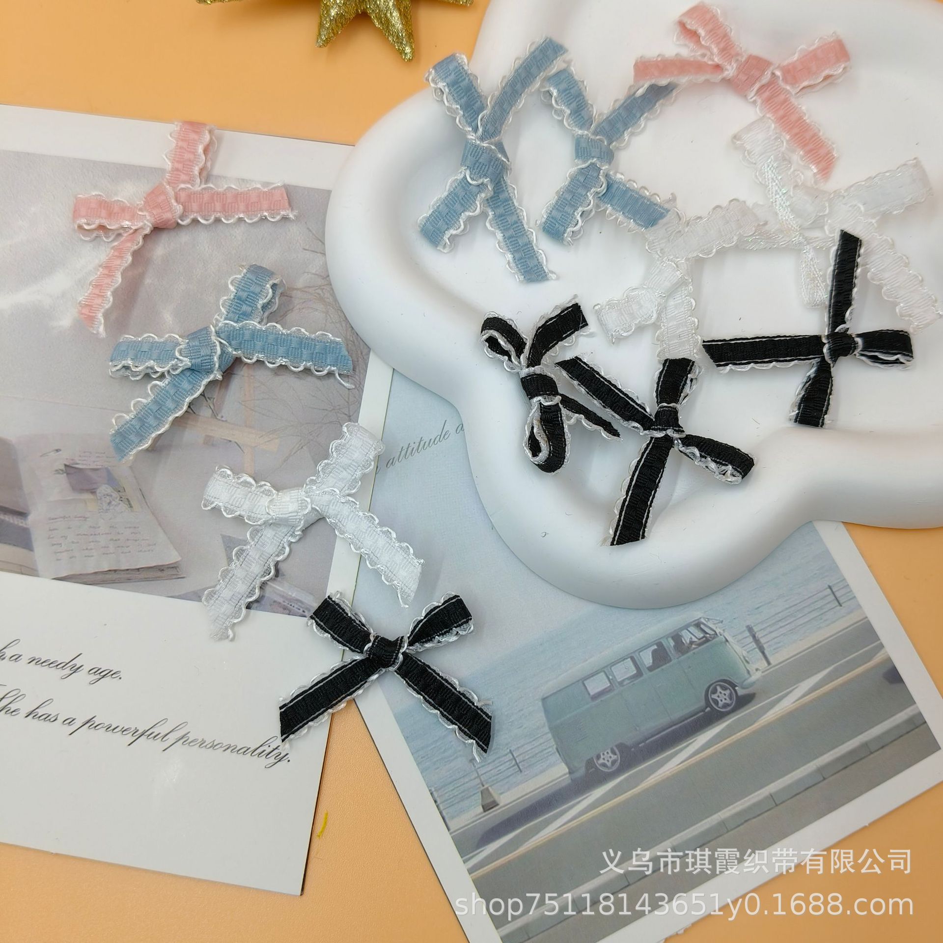 1cm 耳朵边花边蕾丝格子蝴蝶结 手工diy饰品袜子服装儿童节日礼品