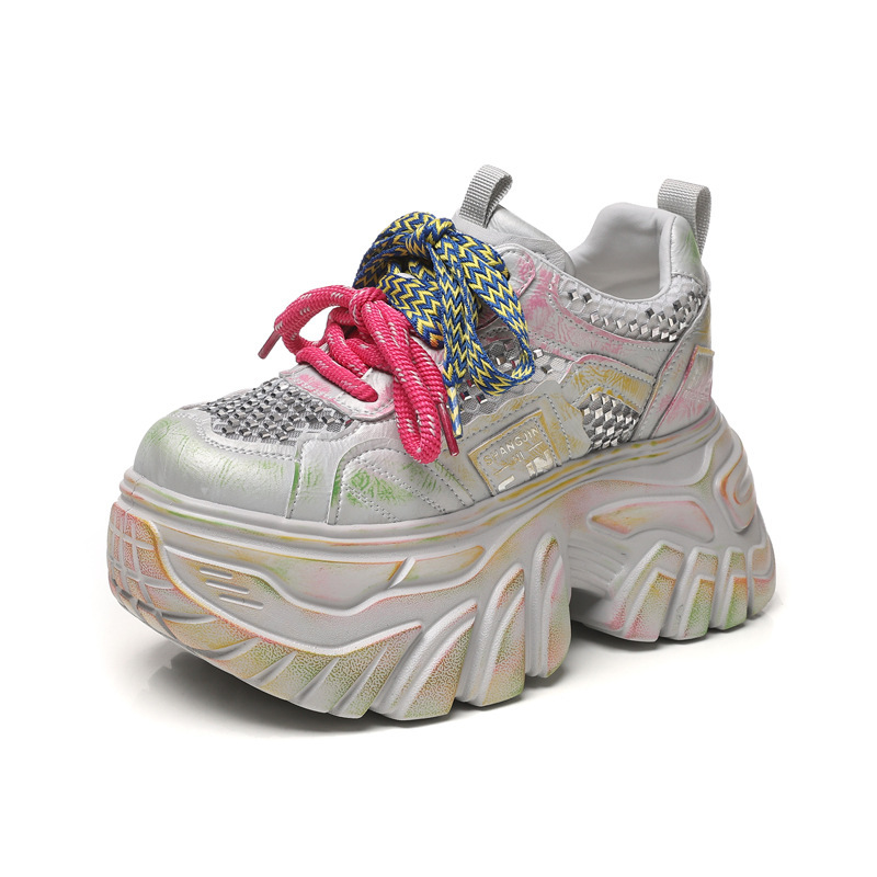 Giày sneaker nữ đế dày tăng chiều cao phong cách thể thao mùa hè — màu hồng