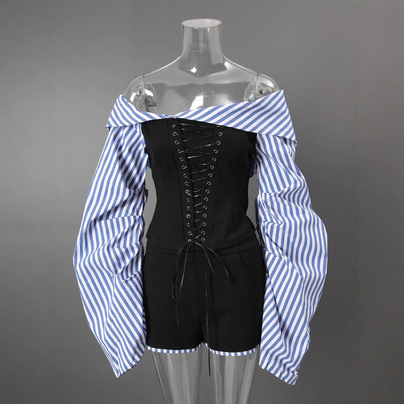 Vietnamese Designer Trendy Brand New Contrast Color Striped Hot Girl Suit Women's Design Long-Sleeved Top and Shorts Two-Piece Set