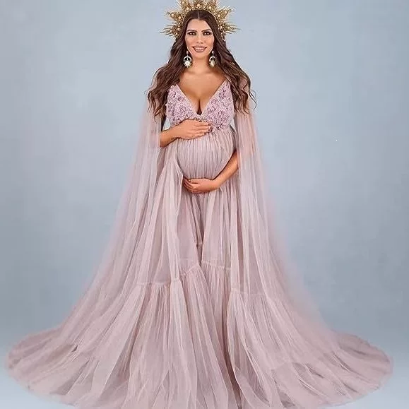 European and American New Style Maternity Photography Clothing, Lace Splicing Mesh Cape, High-Waisted, Large Hem, Trailing Long Dress for Maternity Photos, Wholesale