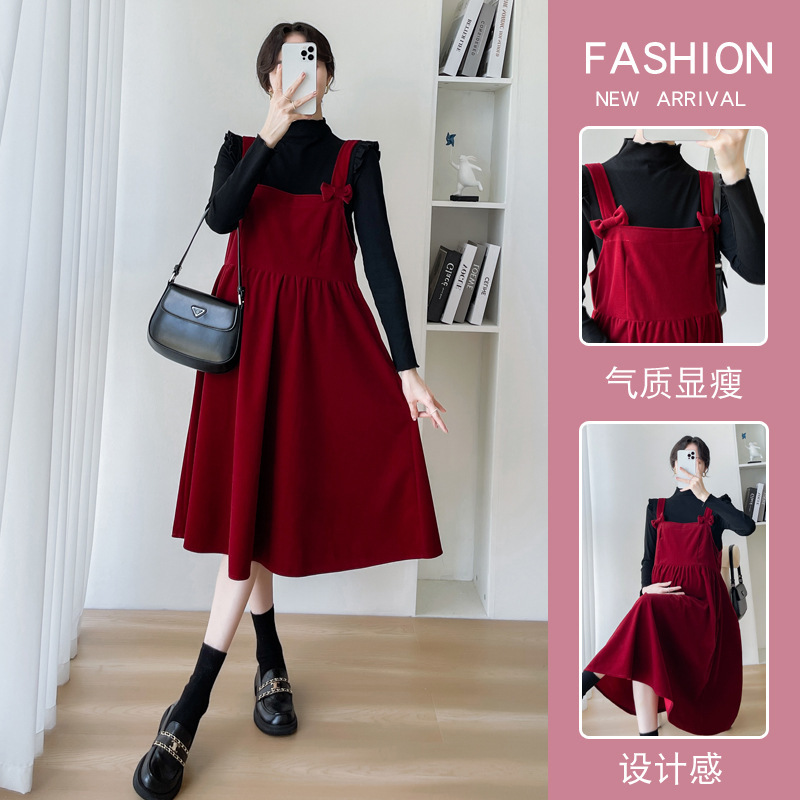Maternity Wear Autumn and Winter Trendy Mom Loose Bottoming Vest Suspender Bow Front and Back Two-Wear Sweet Dress Suit