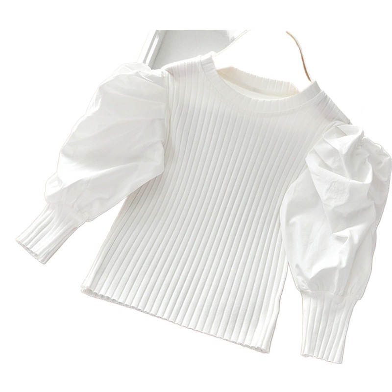 Manga de soplo de las niñas 2024 primavera nuevos niños medio y pequeños niños de estilo occidental de manga larga Camiseta estilo coreano desgaste exterior punto 6190