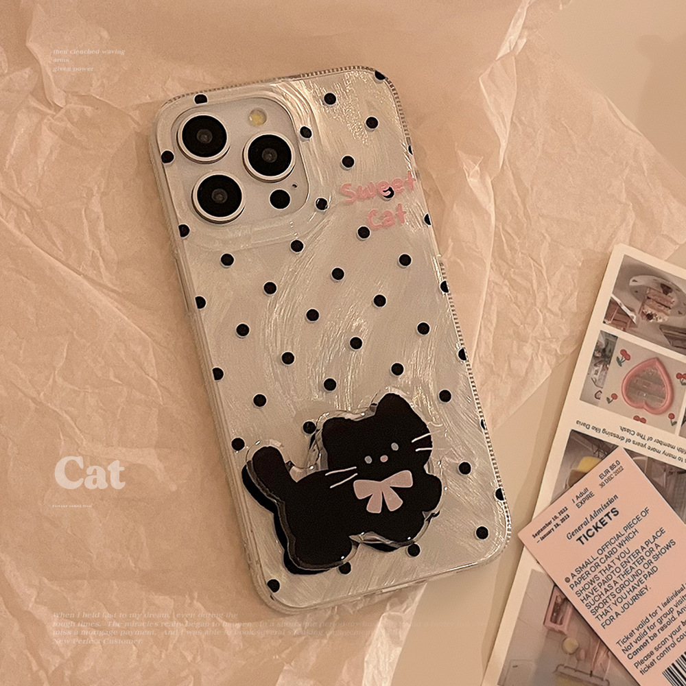 Funda para iPhone 16/15/14/11 estilo INS con estampado de lunares, diseño de gato y soporte, de hilo de plumas, rígida, compatible con Apple 17 Pro Max