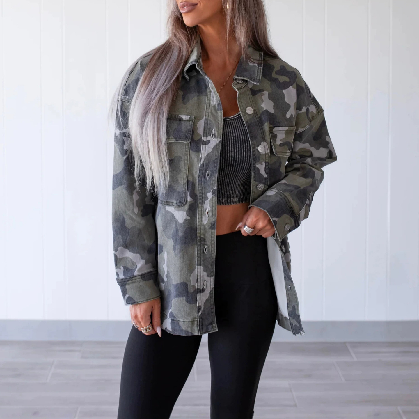 Independent website cross-border bestseller: New autumn and winter loose-fitting European and American fashion camouflage print long-sleeve jacket for women 6310