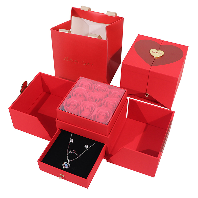 大爱心9朵花双开礼盒 情人节礼盒 配Always Love手提袋 抽屉礼盒