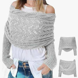 外贸爆款时尚针织围巾女士保暖秋冬毛线披肩单色袖子围巾厂家直供