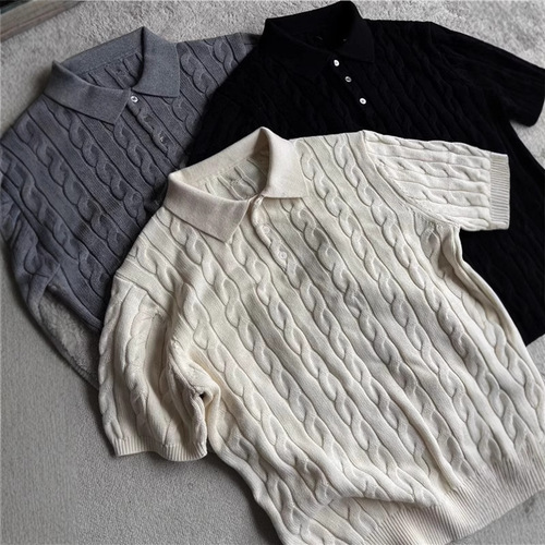 New Spring/Summer Polo-Neck Short-Sleeve Cable-Knit Sweater: Retro Textured, Lightly Matured Style in Sophisticated Black with Simple Ribbed Design