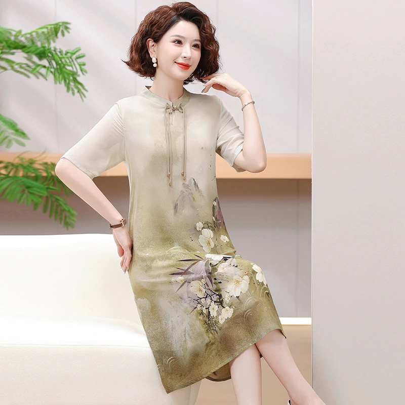 Мама летнее новое платье в китайском стиле 2025 новый средний и пожилой женский национальный принт улучшенный чонсам шифоновое платье