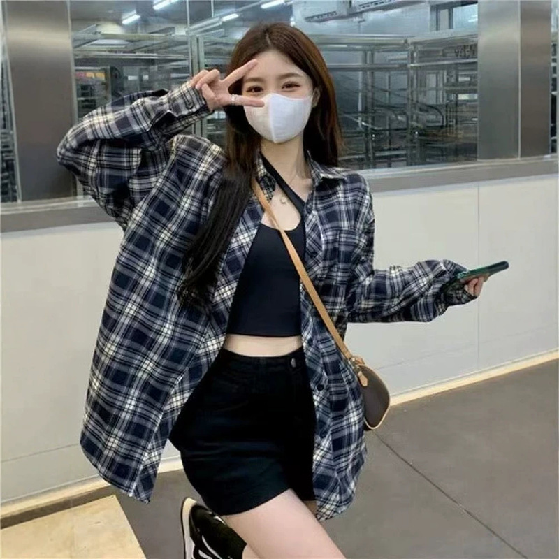 Lefier [Original] Hong Kong Style Sweet Plaid Shirt Shirt Lazy Style Cardigan New Style