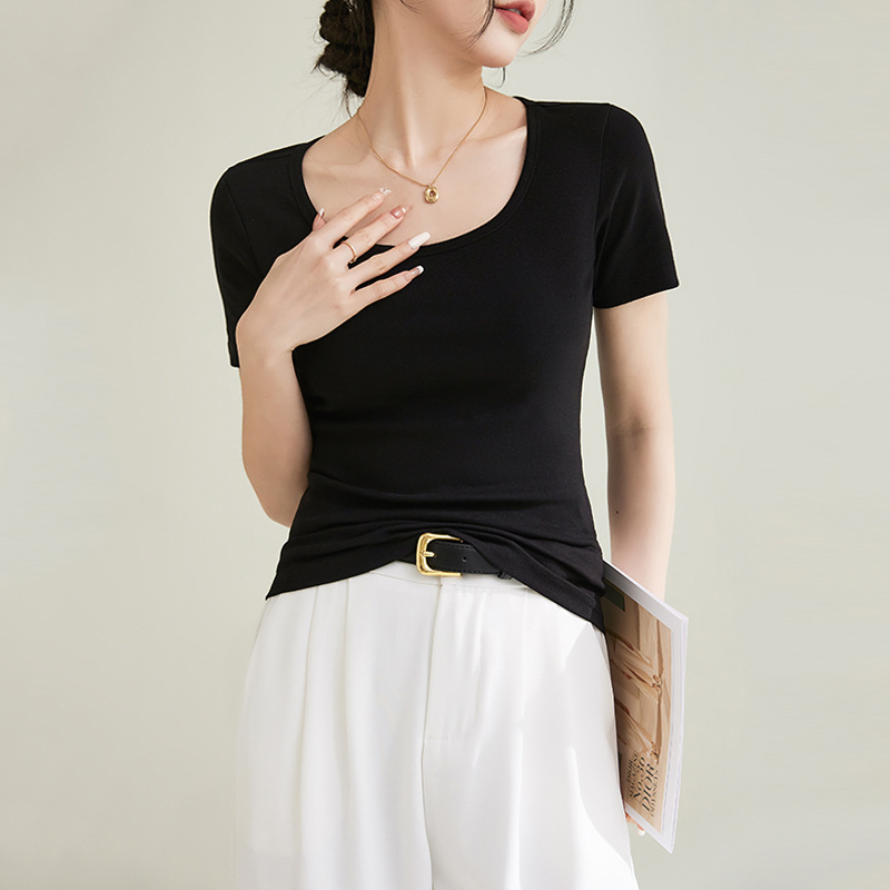 French-Style Square Round Neck High-End High-Elastic Cotton Short-Sleeve T-Shirt for Women, 2026 Spring/Summer New Pullover Slim-Fit Top French-Style Square Round Neck High-End High-Elastic Cotton Short-Sleeve T-Shirt for Women, 2026 Spring/Summer New Pullover Slim-Fit Top
