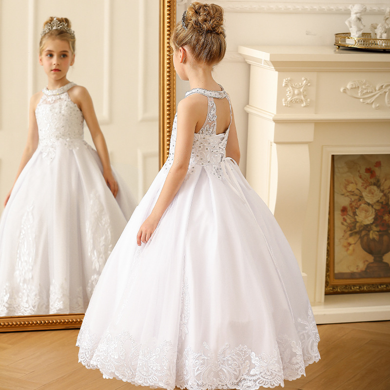 Robe de communion pour fille, sans manches, dos nu, en dentelle, style princesse, avec nœud brodé et longue traîne._voghion.com