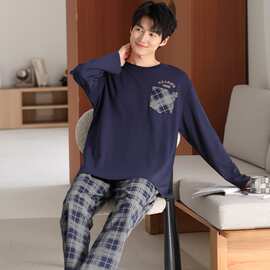 【L-4XL】春秋新款纯棉男士长袖长裤套头睡衣印花休闲男家居服