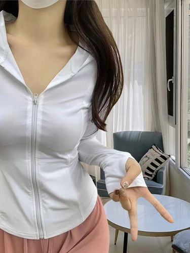 Ice-silk cool-feeling sun protection shirt summer slimming yoga top outer jacket tight top UV protection hooded zipper top