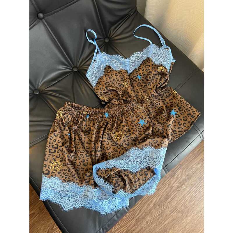 American-Style Spicy Girl Leopard Print Lace Patchwork Ice Silk Padded Pajamas for Women, Summer Camisole and Shorts Loungewear Two-Piece Set