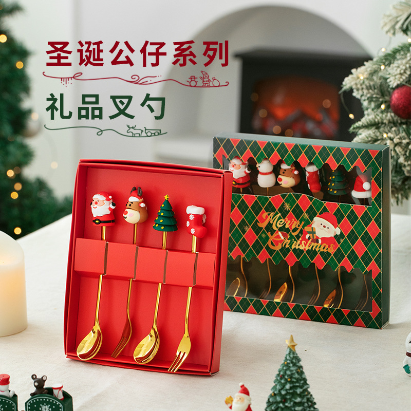 Cuchilleras de acero inoxidable transfronterizas muñecas de Navidad cucharas y tenedores juegos de regalo de café cucharas de postre horquilla de fruta pastel image 4