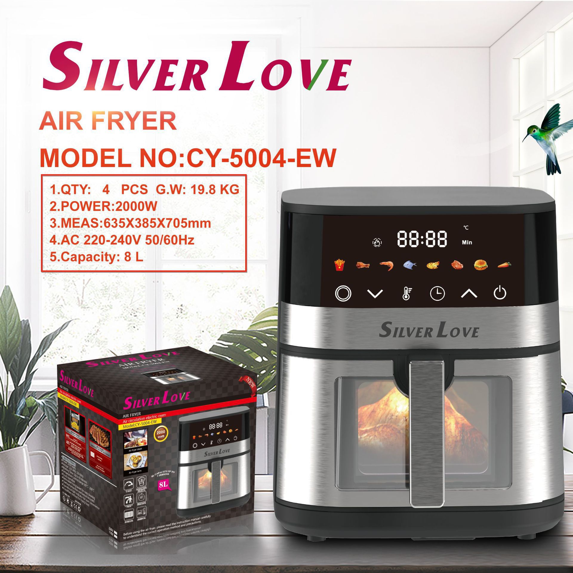 Foreign Trade Export 2000W High-Power Air Fryer 8L Large-Capacity Multi-Functional Smart Home Visual Electric Fryer