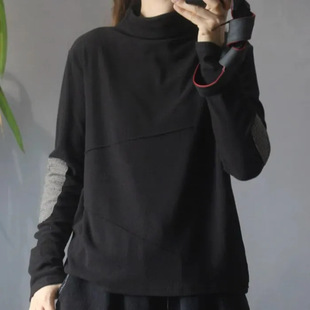 [民族风袖子贴布半高领套头双面德绒上衣女秋冬宽松打底衫保暖T恤]