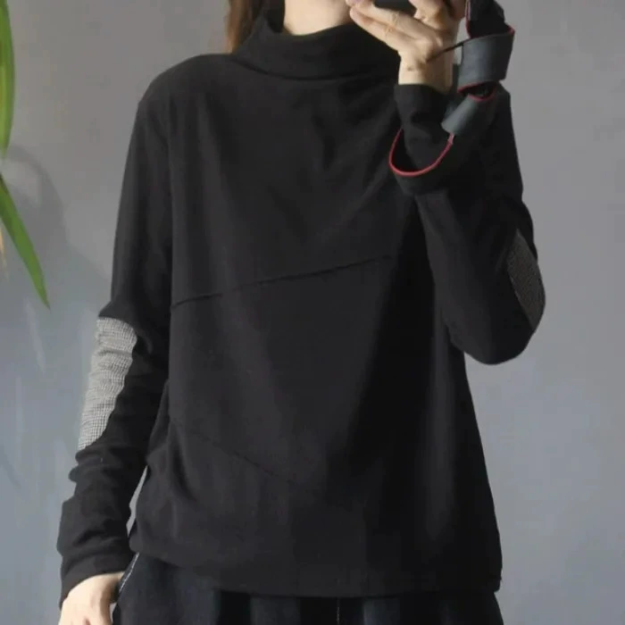 Пуловер с коротким воротом и нашивкой в этническом стиле, двухсторонний бархатный топ, Женская осенне-зимняя свободная нижняя рубашка, теплая футболка