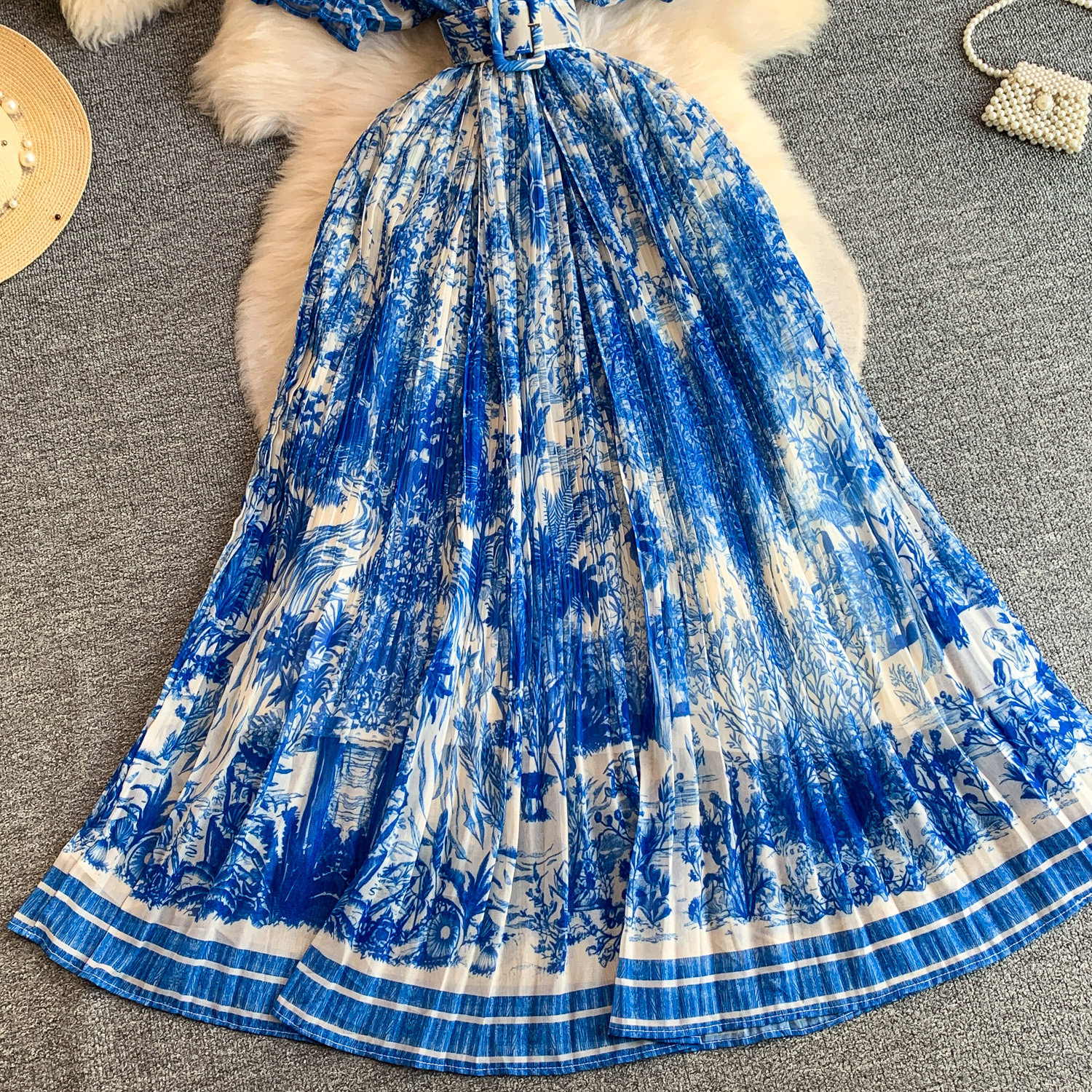 Women's Light French Romantic Style Tie Dye Floral Print Round Neck Dress Three Dimensional Flower Summer Slimming Pleated Long Skirt_ecoleips.com