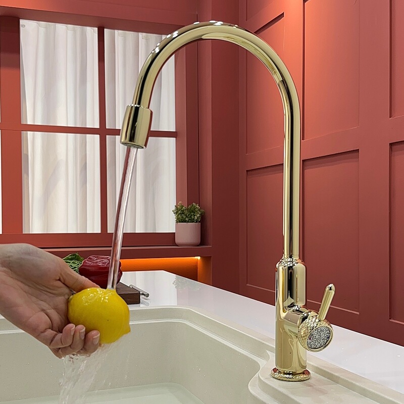 All-Copper Splash-Proof Gold Diamond Faucet, Swivel Kitchen Sink, French Retro Vintage Style, Hot and Cold