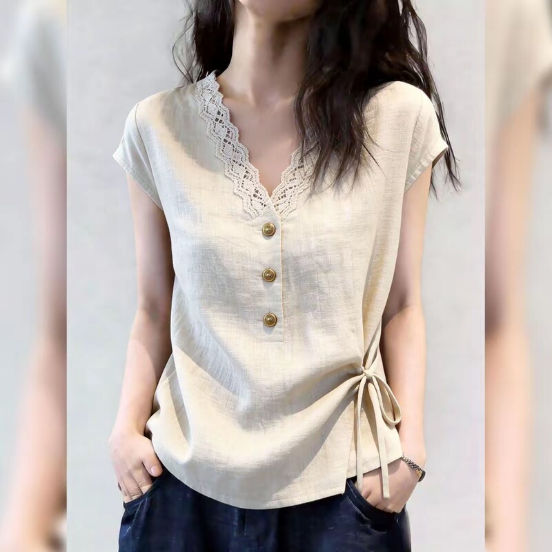 New Fashionable Lace-Trimmed Short-Sleeve Top, Slim Fit, Suitable for Commuting, Light Luxury Shirt 9029
