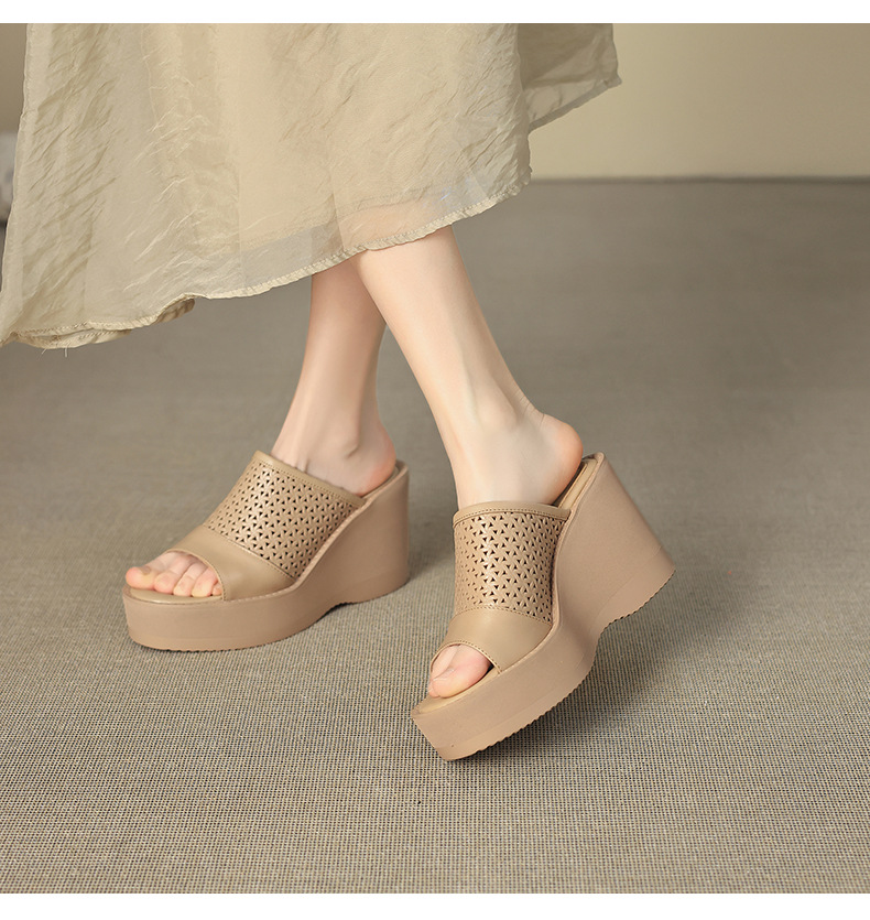 Dép sandal nữ quai chữ V đế xuồng cao gót 9 cm, phối váy dạo phố — màu trắng ngà, màu mơ chi tiết 7