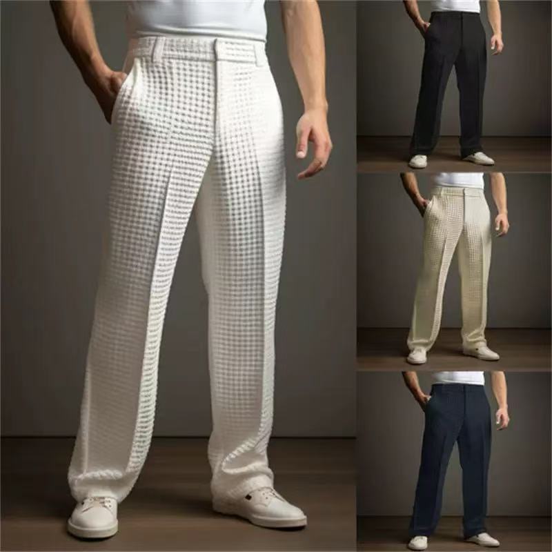 Amazon Cross-Border Men's Casual Light Business Solid Color Waffle Diagonal Front Pocket Straight Holiday Fashion Trousers Amazon Cross-Border Men's Casual Light Business Solid Color Waffle Diagonal Front Pocket Straight Holiday Fashion Trousers