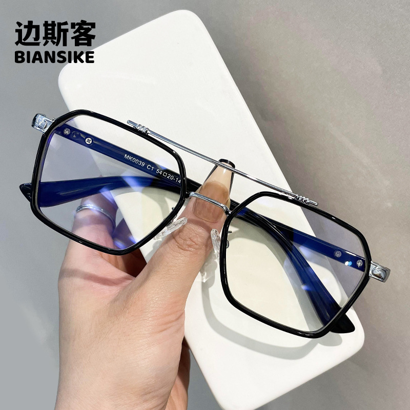 0039 New Large Frame Double Beam Anti-Blue Ray Iron Man Same Style Glasses Open Ball Net Celebrity Plain Face-free and Short-sighted Glasses Frame