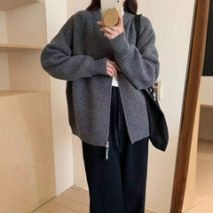 跨境新款圆领简约双头拉链长袖宽松针织开衫女百搭休闲毛衣外套