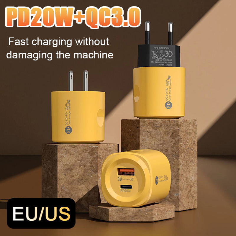 PD20W+QC3.0 European and American standard mobile phone multi charger yellow round shell dual port fast charging head_voghion.com