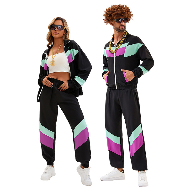 Halloween Costume 80 s Vintage Disco Hip Hop Sports Jacket Trousers suit Men and Women Adult Dance Clothes