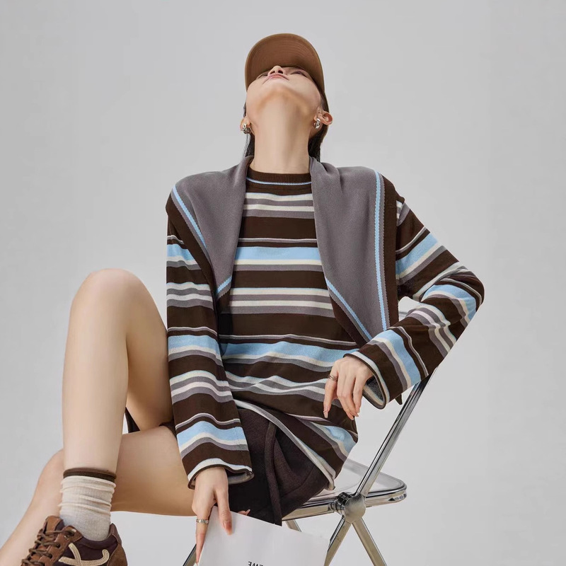 Gu Li Li Color-Blocked Striped Knit Cardigan Long-Sleeve T-Shirt for Women, Unique and Super Stylish, Can Be Worn Alone, Early Autumn Chic Round Neck Gu Li Li Color-Blocked Striped Knit Cardigan Long-Sleeve T-Shirt for Women, Unique and Super Stylish, Can Be Worn Alone, Early Autumn Chic Round Neck