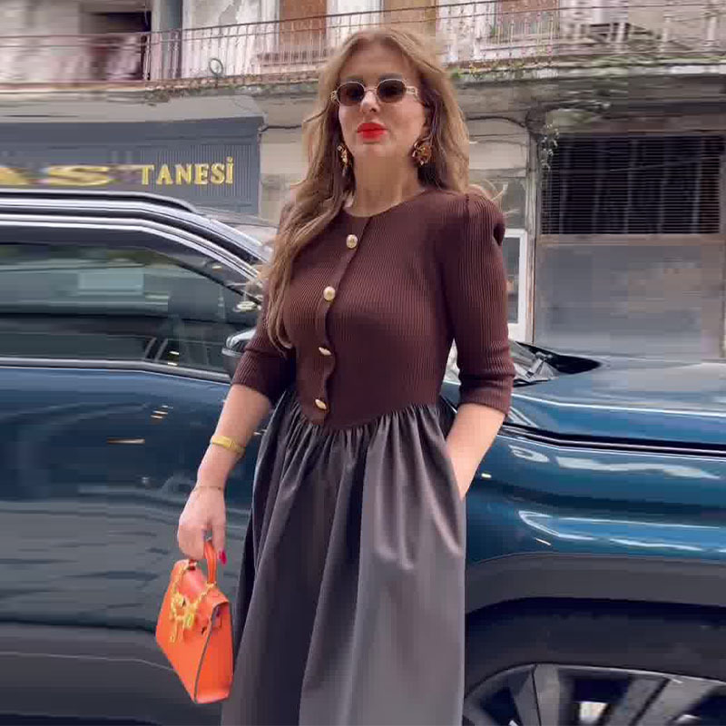 Autumn Women Clothing Color Contrast Stitching Design Long Sleeve Dress