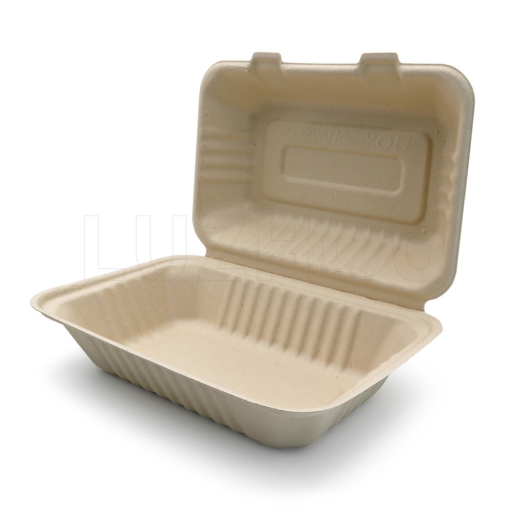 La caña de azúcar Pulpa de bambú P9-inch no rejilla caja de almuerzo caja de bloqueo respetuoso del medio ambiente vajilla desechable degradable compostable