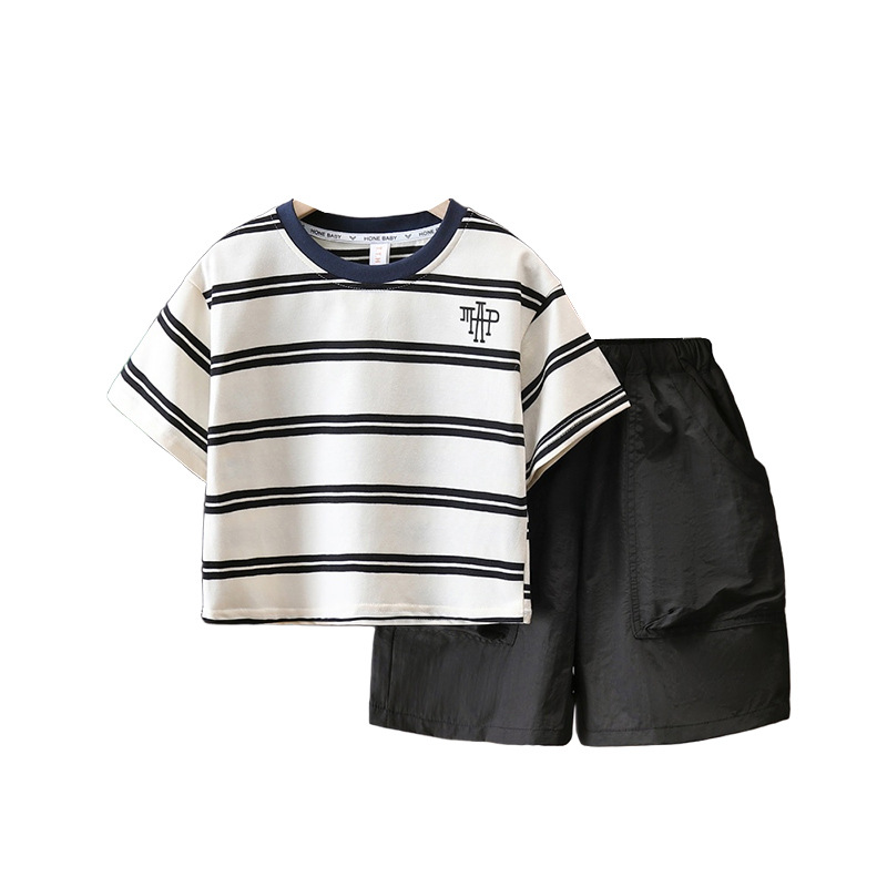 7161 Traje de manga corta a rayas para niños Traje fino de verano para niños 2025 Nuevo vestido de verano para bebés Ropa de dos piezas