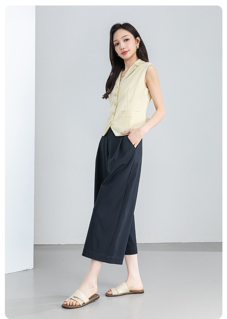 Quần culottes nữ ống rộng cạp điều chỉnh xếp ly mùa hè — màu xanh navy chi tiết 23