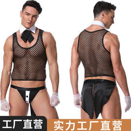 【姚心田】新款DS钢管舞制服男士酒吧调酒师服装透视网纱性感服装