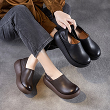 头层牛皮两穿厚底松糕乐福单鞋女2025春秋新款一脚蹬复古勃肯鞋