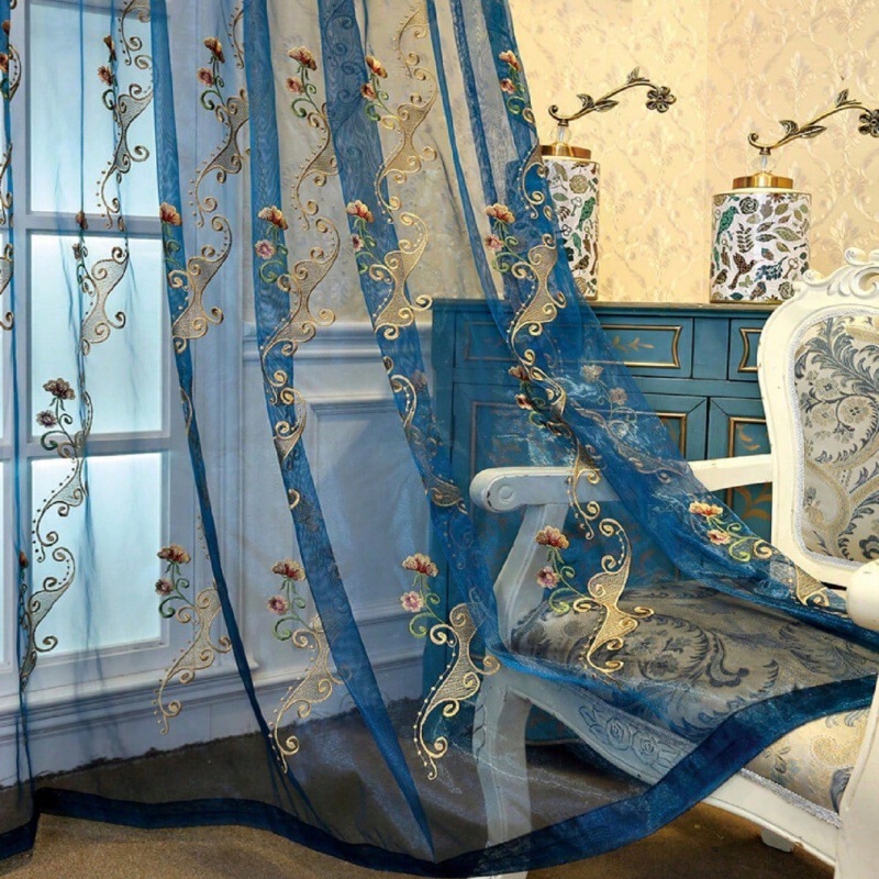 European Blue Flower Embroidered Gauze Curtain Curtain Embroidered Living Room Bedroom Gauze Curtain Study Restaurant Balcony Twill Gauze Curtain