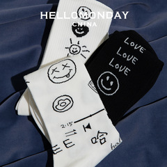 34305/34299HELLO MONDAY Black and White Crew Socks with Smiling Face for Men and Women, Korean Street Style, Cute Heart, Instagram