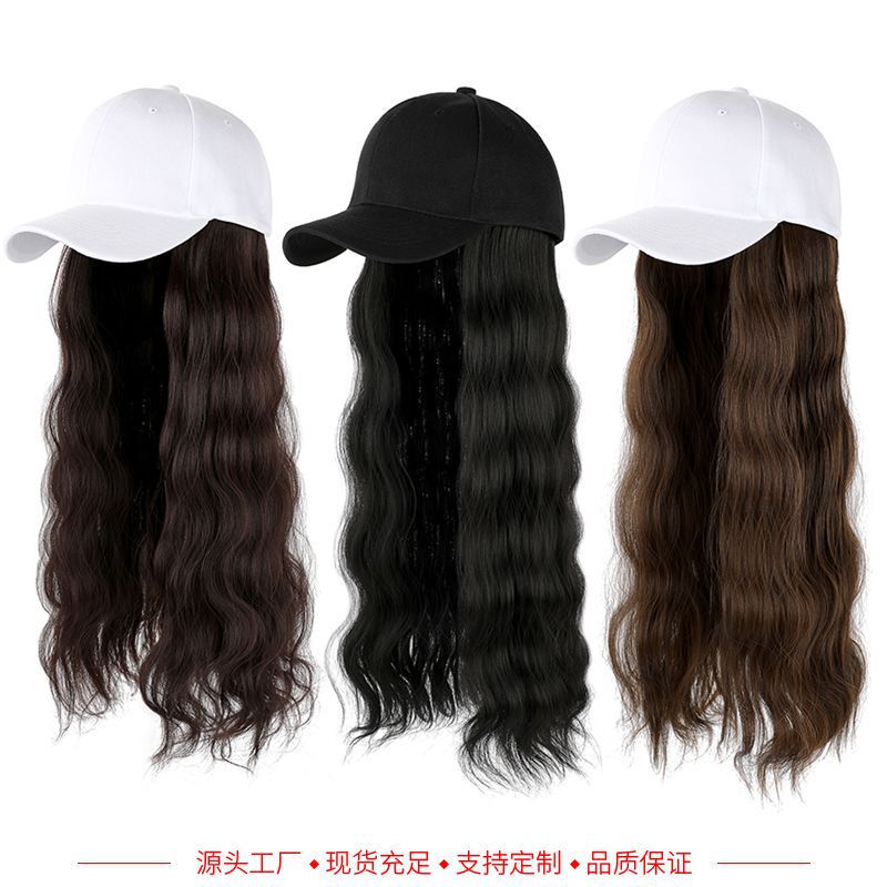 Women's Wig with Hat, Fashionable New Natural Duckbill Cap Integrated Wig, Water Wave Long Curly Hair, Versatile