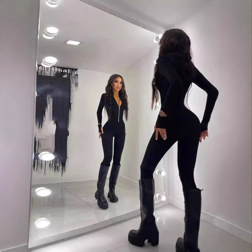 New European and American-style sexy, cleverly designed irregular trousers—elegant, fashionable solid-color jumpsuit for women with high neck and long sleeves.