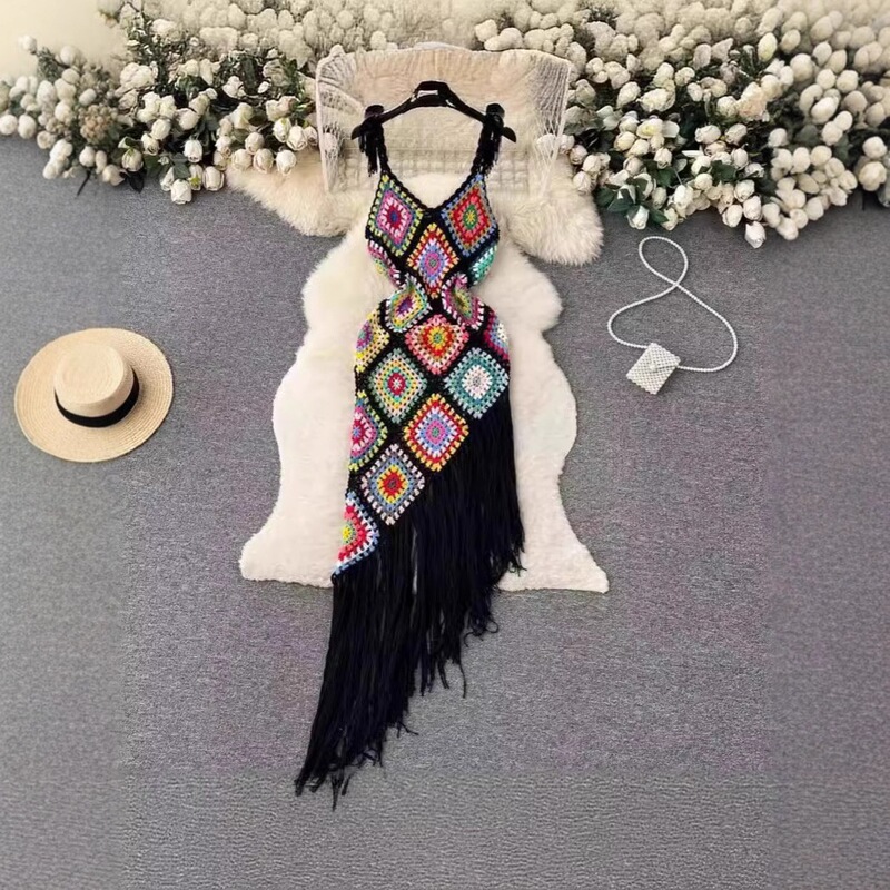 Bohemian ethnic style vacation dress for women, unique design with irregular hollow-out crochet and tassel strap dress