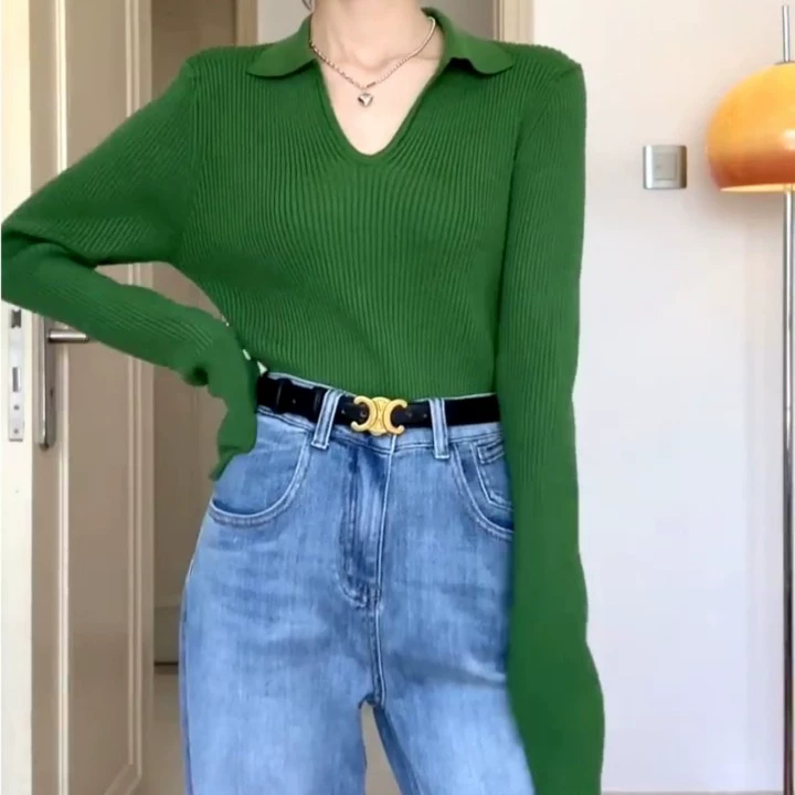Зеленый шерстяной трикотаж с воротником поло, женский осенне-зимний стильный шикарный приталенный базовый свитер, Топ высокого класса