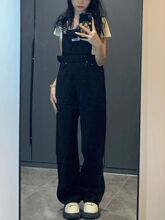 复古牛仔裤背带裤女春秋新款宽松显瘦直筒阔腿裤黑色拖地裤子