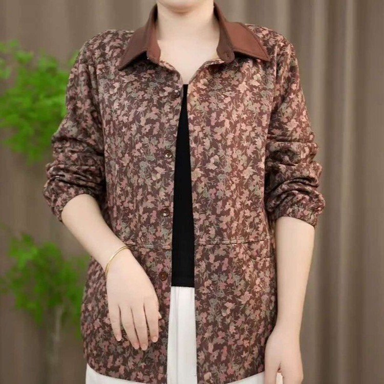 Fashionable Collared Floral Shirt Jacket for Mothers, Spring and Autumn 2026 New Style, Middle-Aged Women's Fashionable Cardigan Fashionable Collared Floral Shirt Jacket for Mothers, Spring and Autumn 2026 New Style, Middle-Aged Women's Fashionable Cardigan