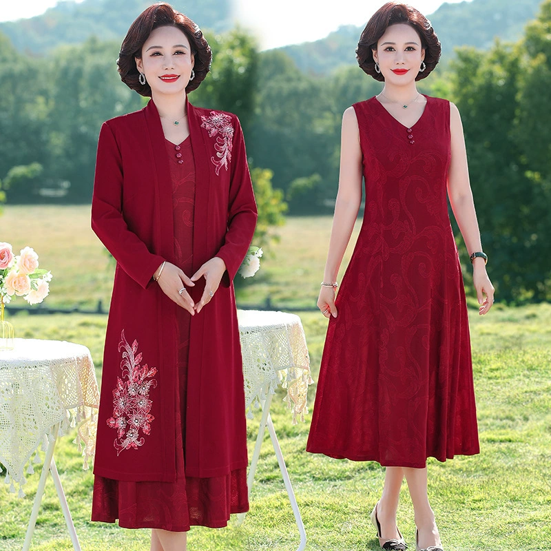 Весной и летом новое женское платье-шаль, костюм, одежда для матери, 50-летняя женская одежда миди для среднего и пожилого возраста, приталенное платье-костюм миди с высокой талией