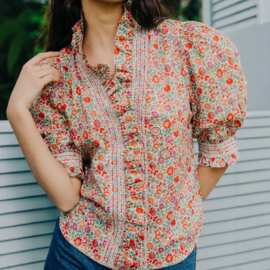 跨境跨境亚马逊女士休闲 V 领花卉印花短袖衬衫褶饰波西米亚上衣